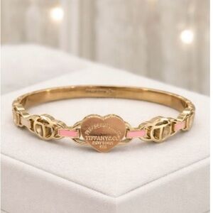 Elegant Gold toned and Pink Heart bangle Bracelet- stamped